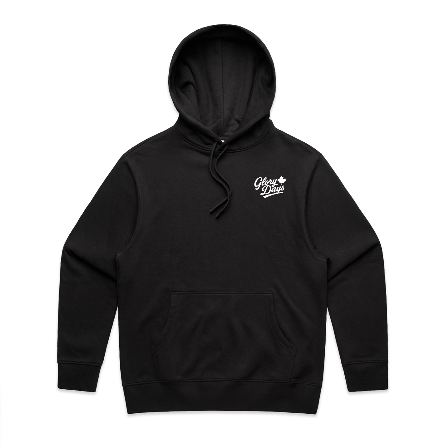 Black hoodie with 'Glory Days' logo on a white background