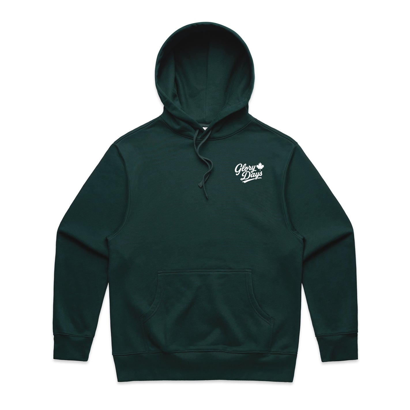 Green hoodie with a logo on the chest against a white background