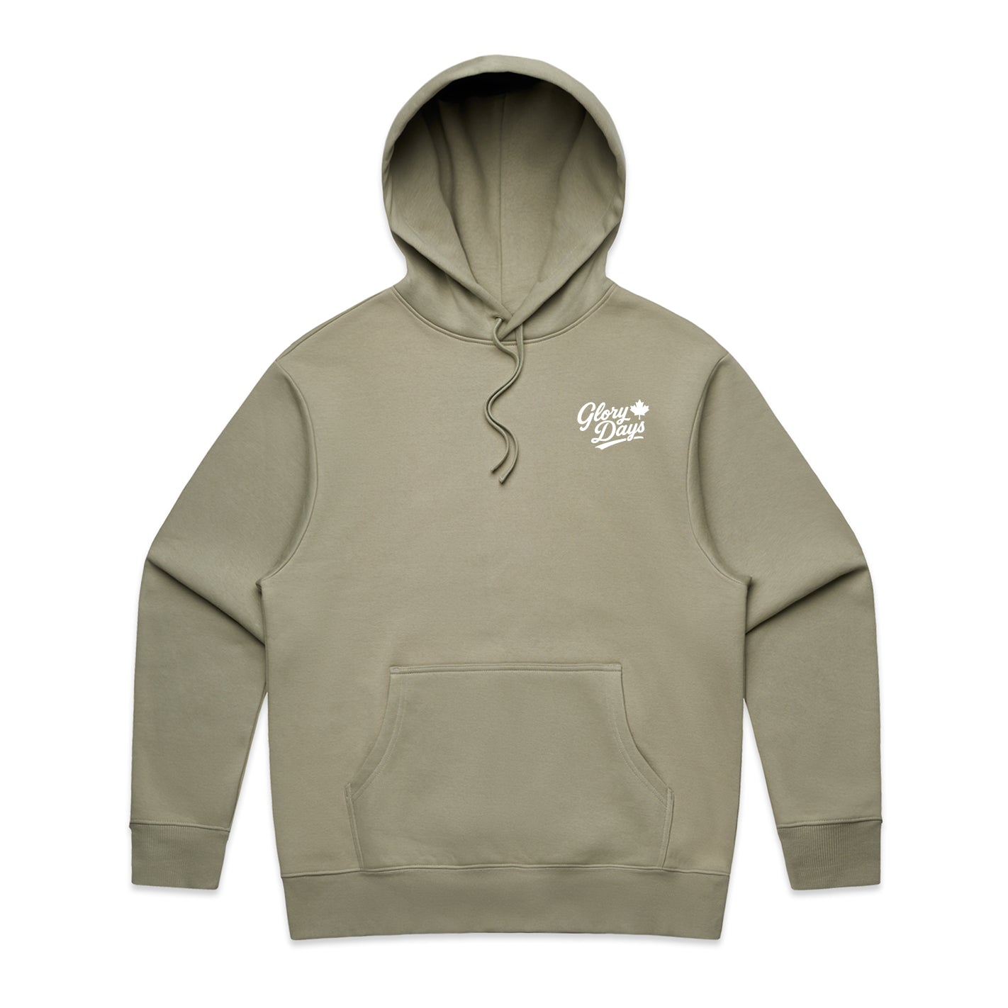 Khaki hoodie with a logo on the chest against a white background