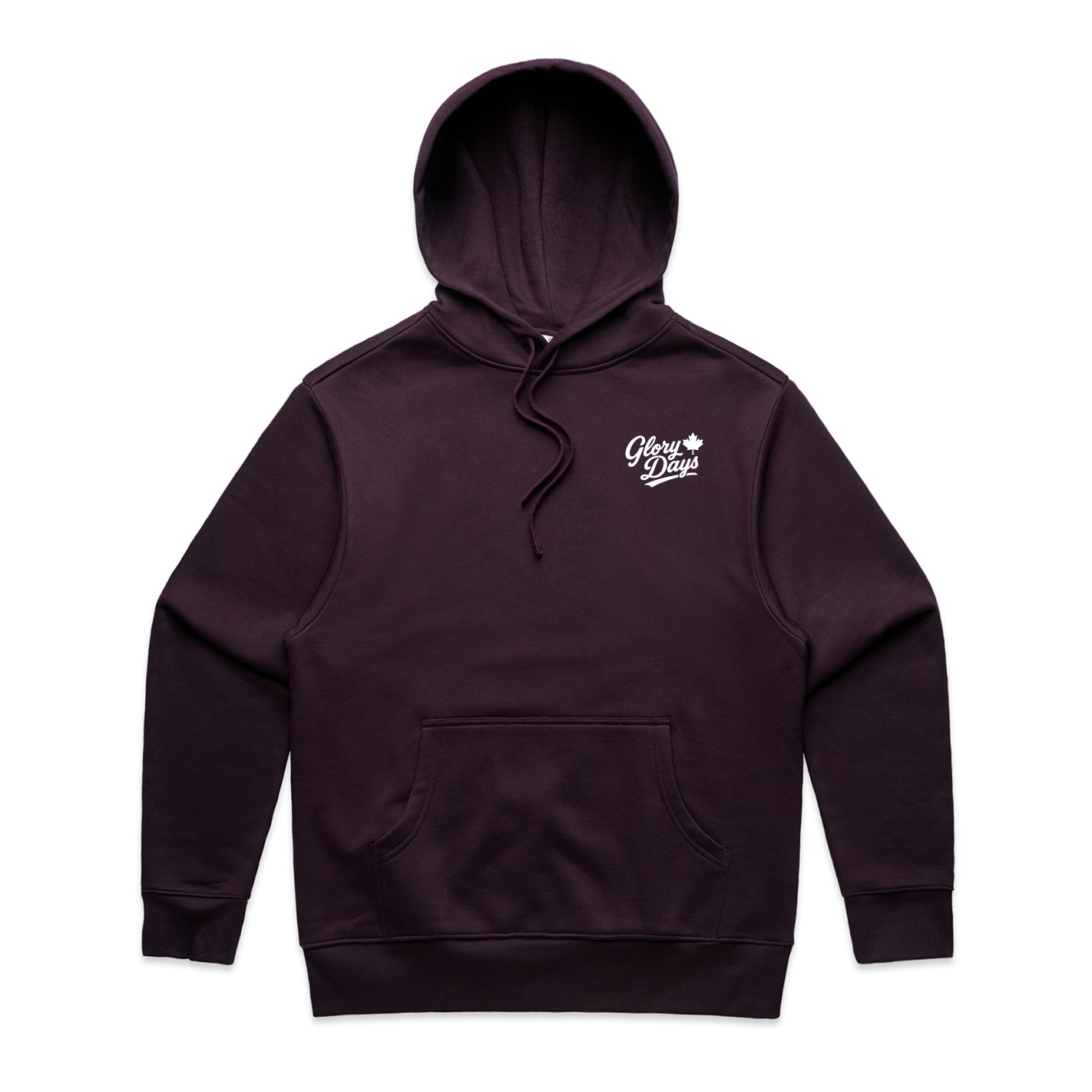 Dark purple hoodie with a logo on the chest against a white background
